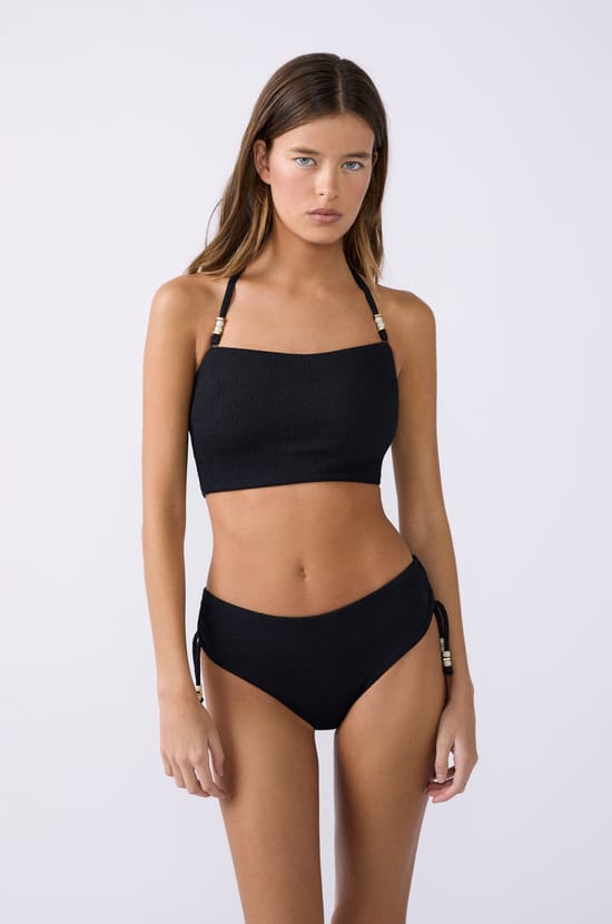 Strapless tie-front bikini top with pearl details;${refinementColor}