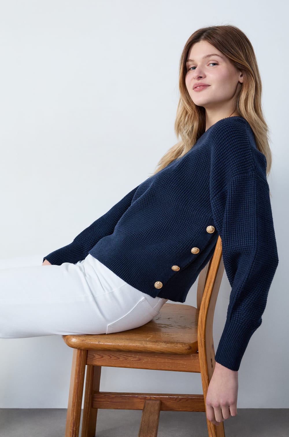 Sweater with Horn-Effect Buttons;${refinementColor}
