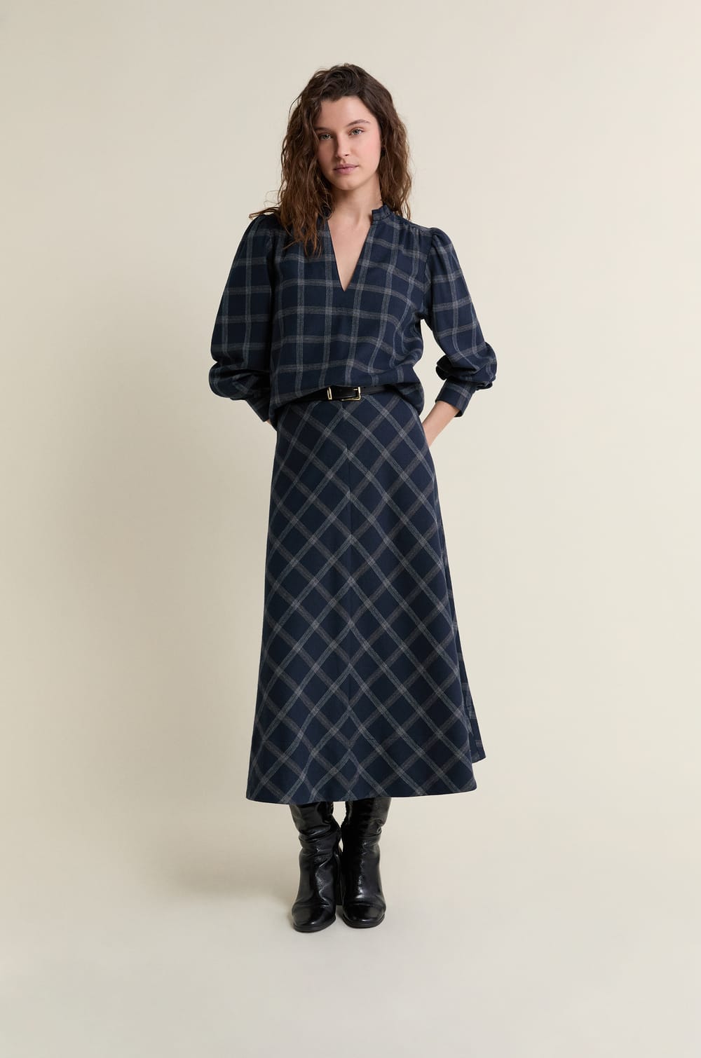 Jupe longue en coton &agrave; carreaux;${refinementColor}