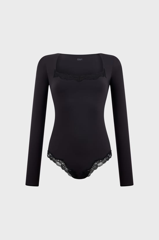 Long-sleeved bodysuit in microfibre and lace;${refinementColor}