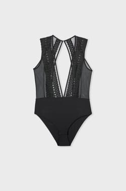 Plunge Bodysuit in Tulle and Embroidery;${refinementColor}