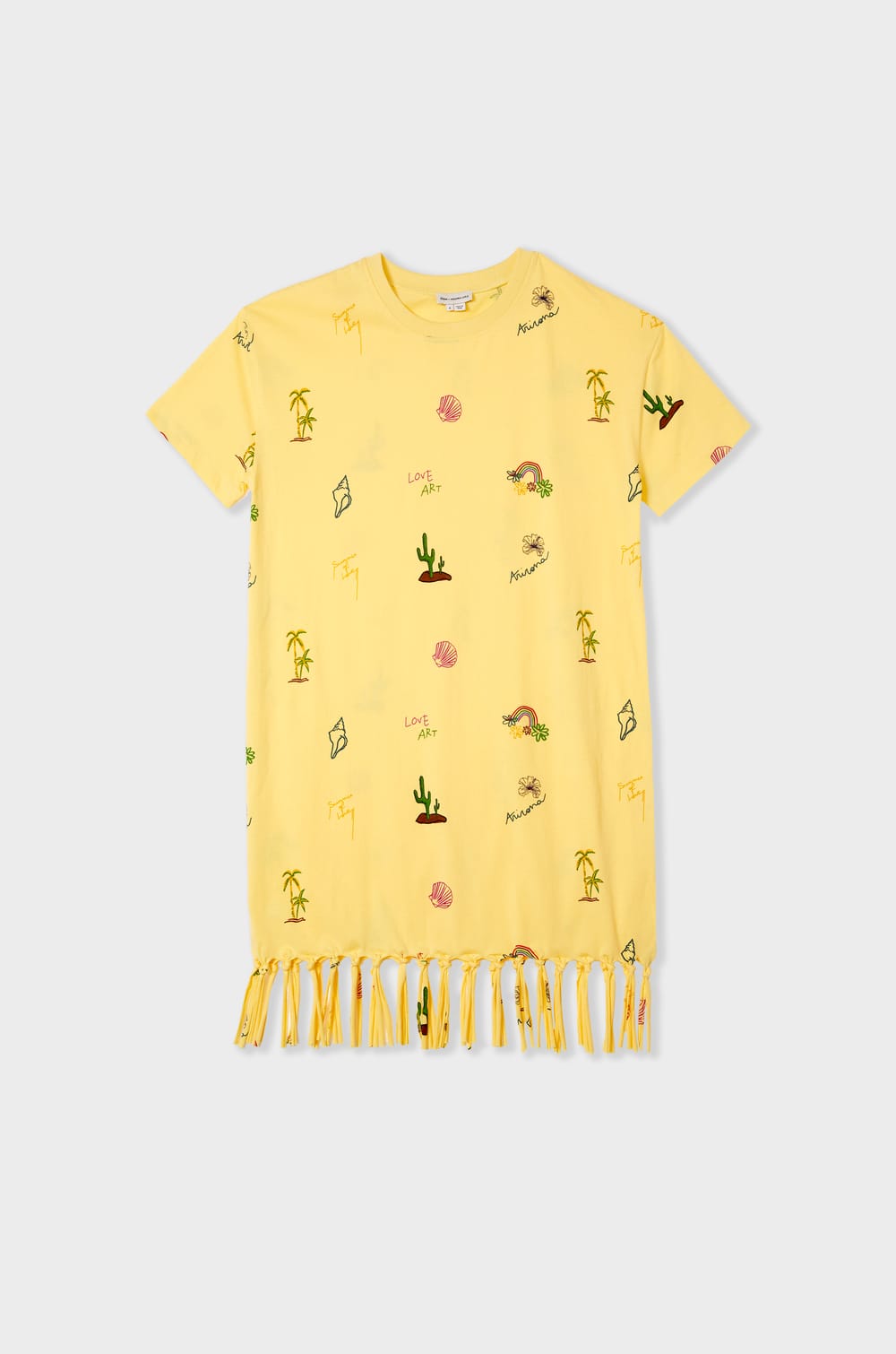 Printed T-shirt dress with fringes;${refinementColor}