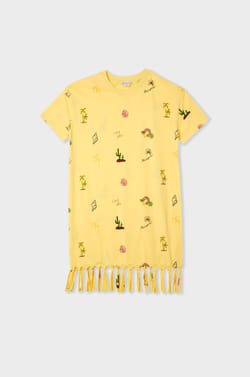 Printed T-shirt dress with fringes;${refinementColor}