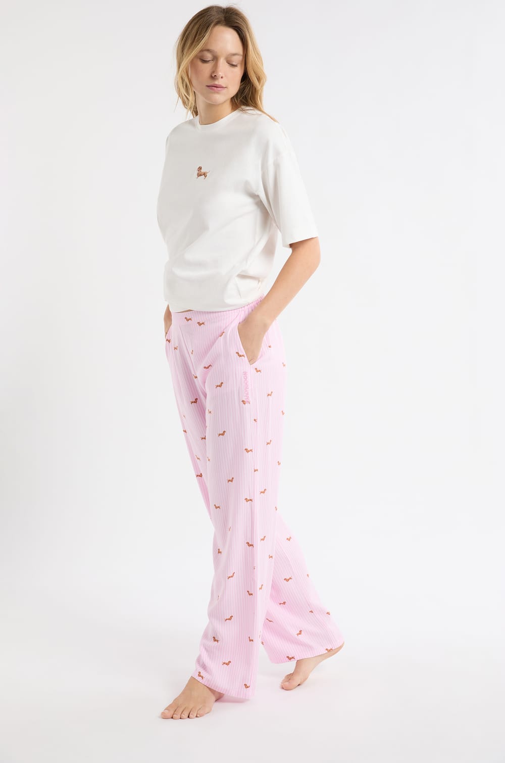 Pyjama Trousers with Striped Dachshund Print;${refinementColor}
