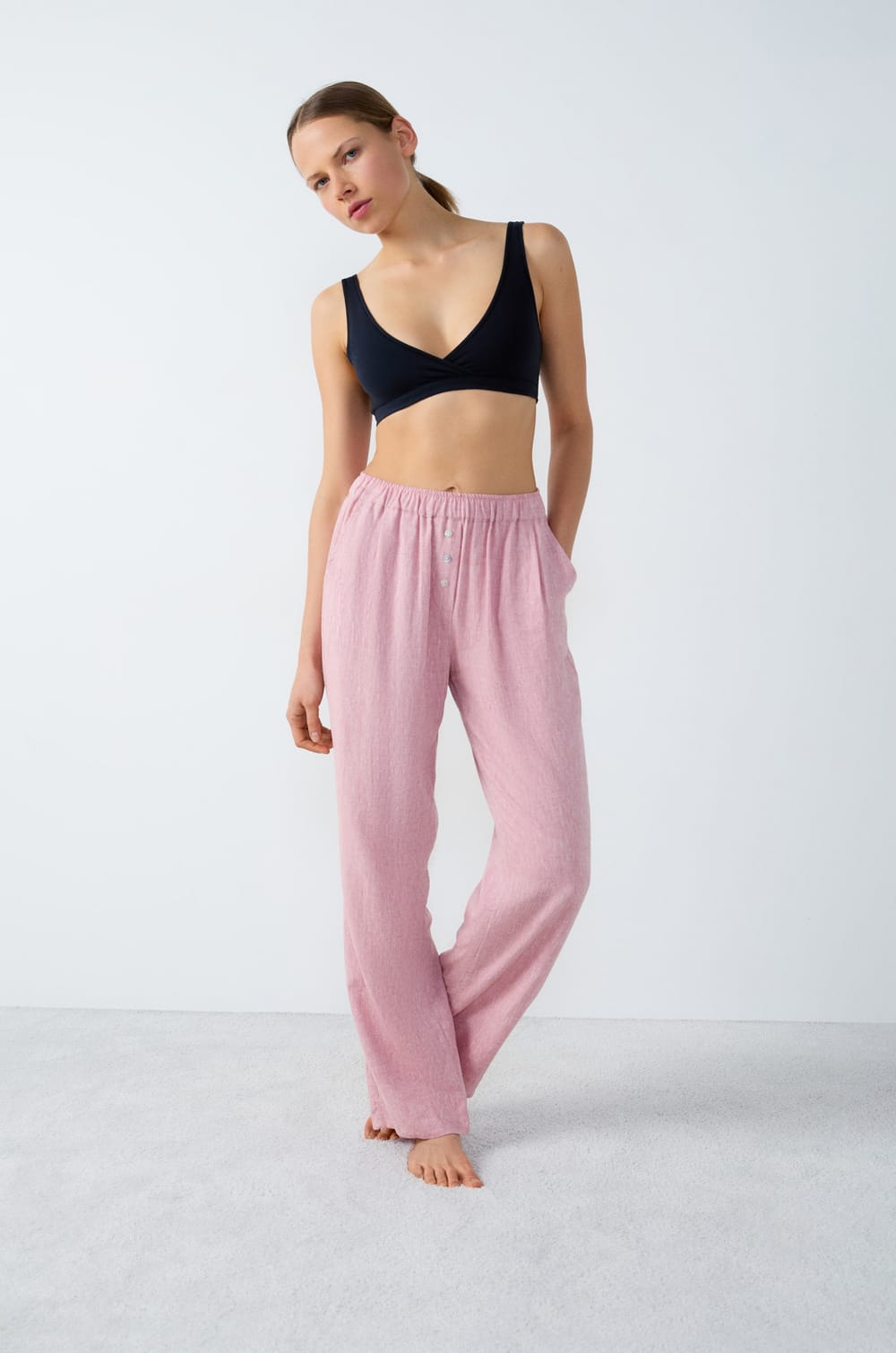 Straight Leg Linen Pyjama Trousers;${refinementColor}