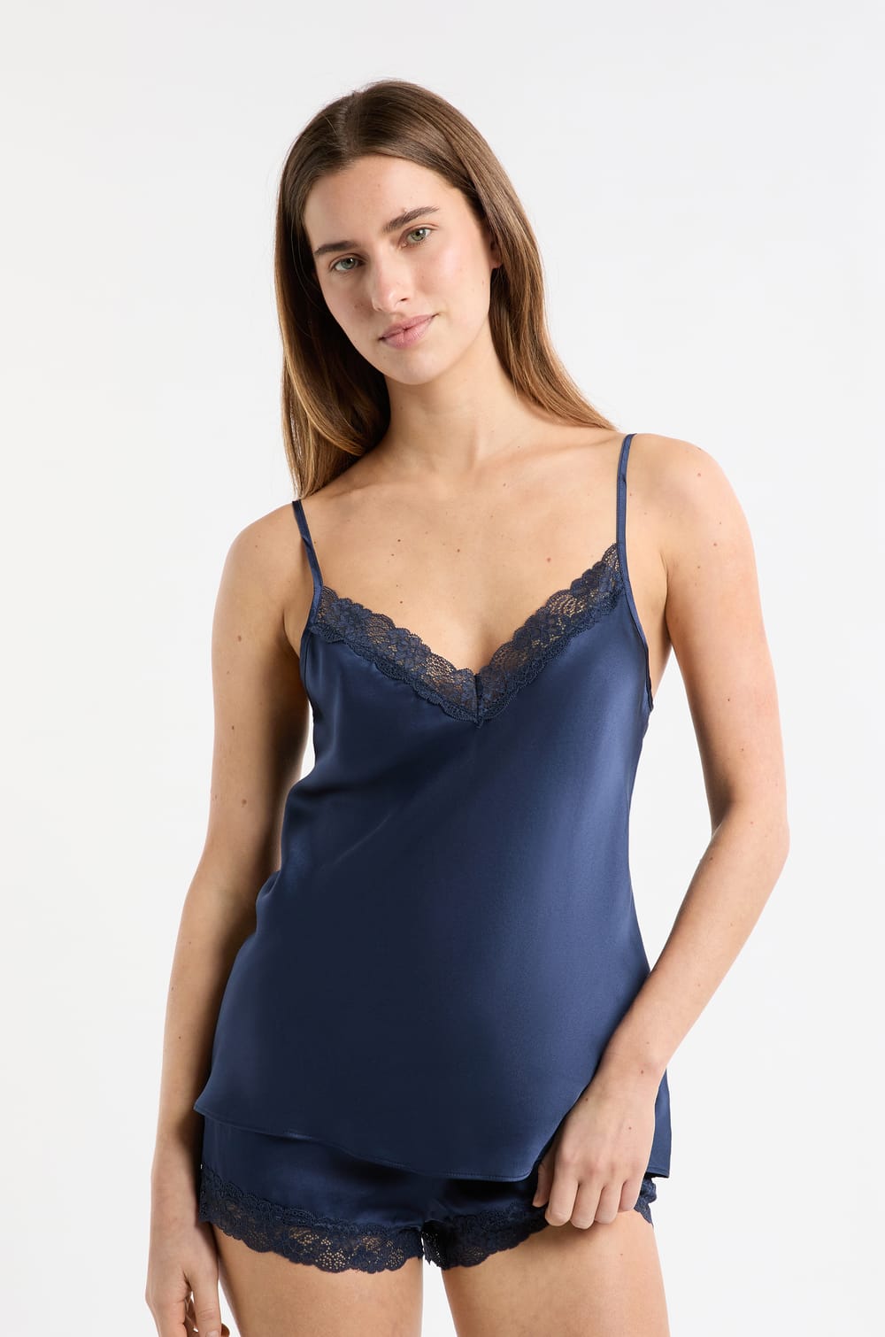 Silk Camisole with Lace Details;${refinementColor}