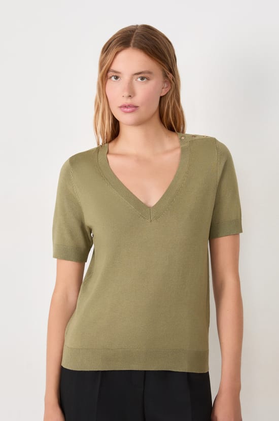 Short-sleeved V-neck sweater;${refinementColor}