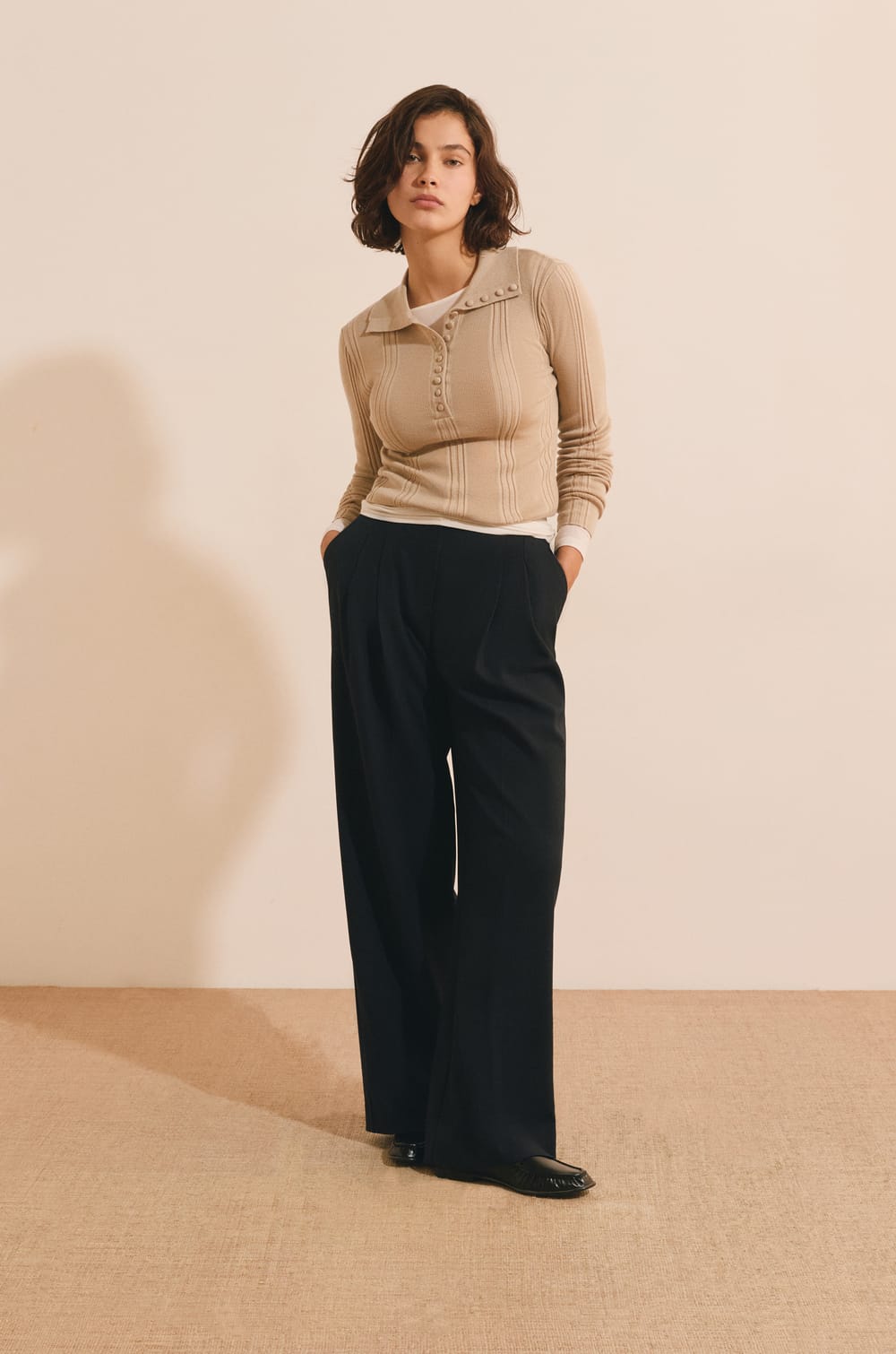 Pull manches longues &agrave; col polo;${refinementColor}