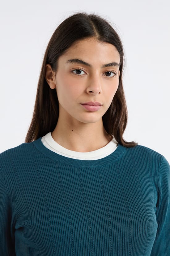 Round Neck Sweater in Fine Pointelle Knit;${refinementColor}