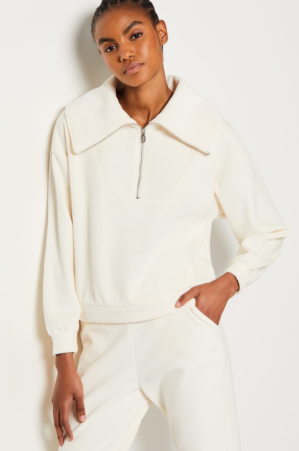Ribbed pyjama sweatshirt with trucker collar;${refinementColor}