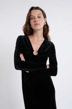 Long-Sleeve Velvet Dress With Ring Detail;${refinementColor}