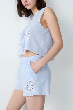 Embroidered Cotton Pajama Shorts;${refinementColor}