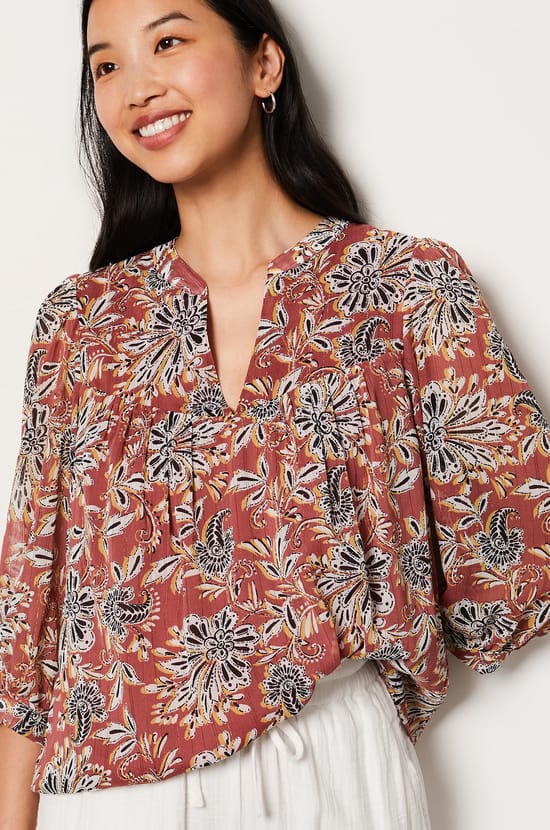 Floral Blouse with 3/4 Sleeves;${refinementColor}