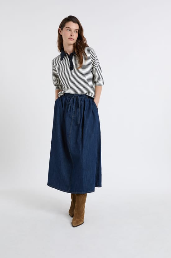 Polo-neck striped cotton sweatshirt;${refinementColor}