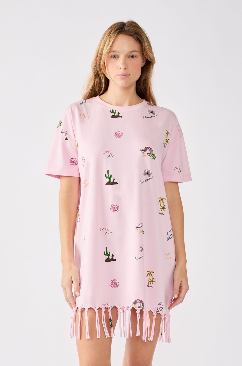 Robe t-shirt imprimée à franges;${refinementColor}