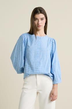 Balloon Sleeve Checkered Blouse;${refinementColor}
