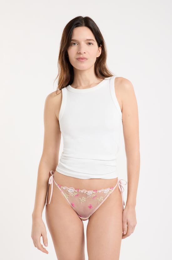 Tie-Side Thong in Embroidered Tulle;${refinementColor}