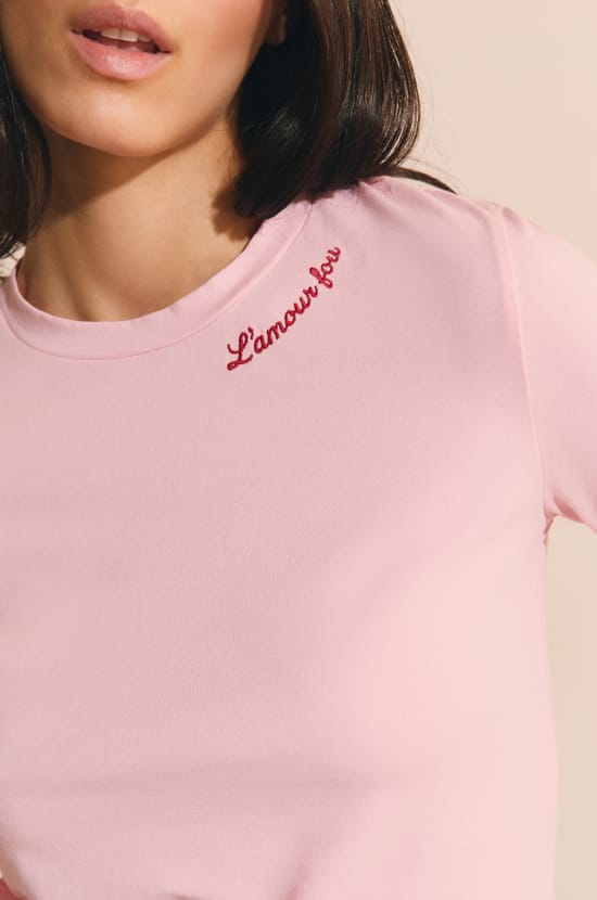 T-shirt en coton brod&eacute; manches coudes;${refinementColor}