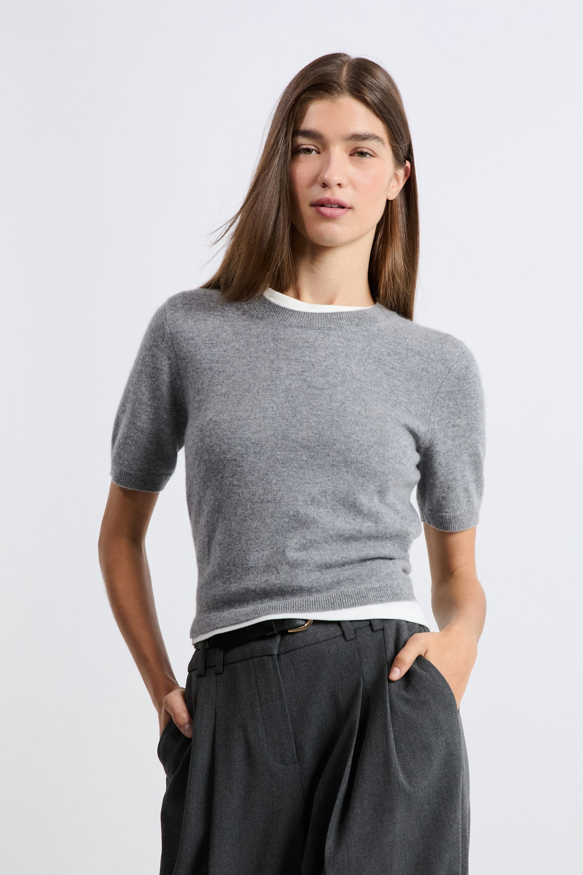 Short-Sleeved Cashmere Sweater - LOUISE MINI MC - GRIS - ETAM