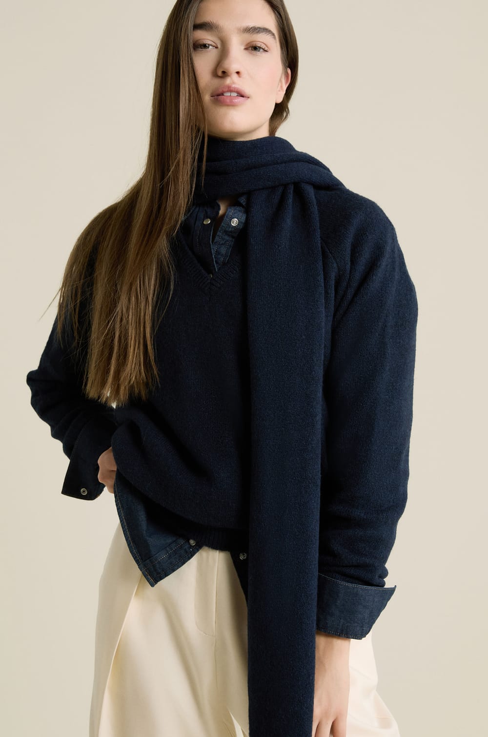 V-neck Sweater with Integrated Scarf;${refinementColor}