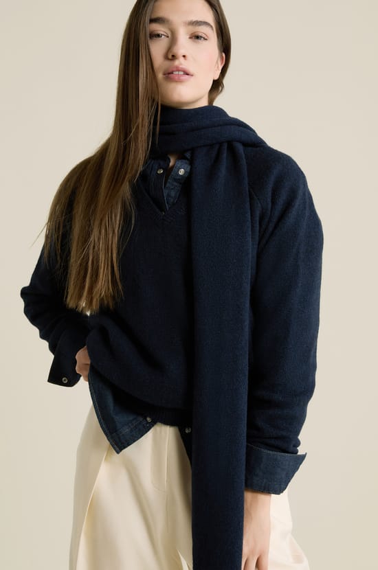 V-neck Sweater with Integrated Scarf;${refinementColor}