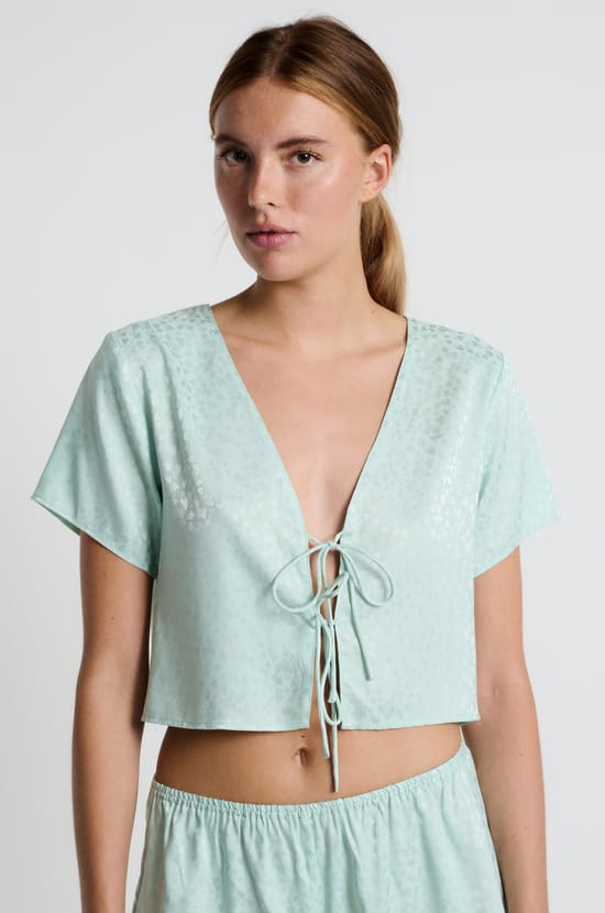 Printed satin blouse with short sleeves and bows;${refinementColor}