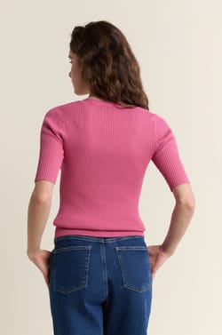 Jersey de cuello en V y manga corta acanalado;${refinementColor}