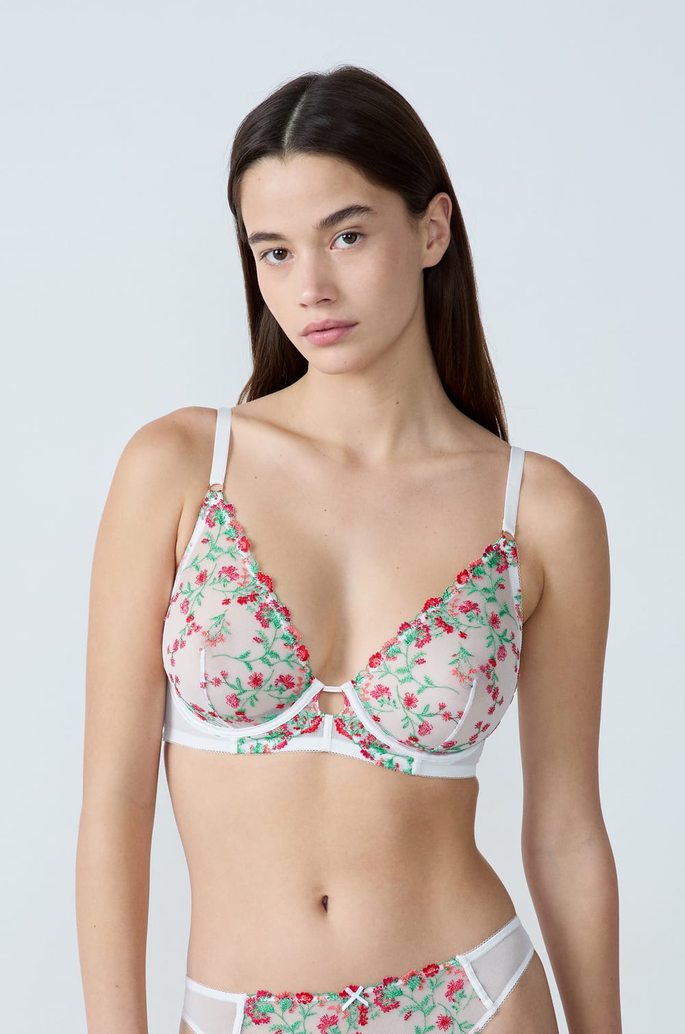 Unlined Demi Bra With Floral Embroidery;${refinementColor}