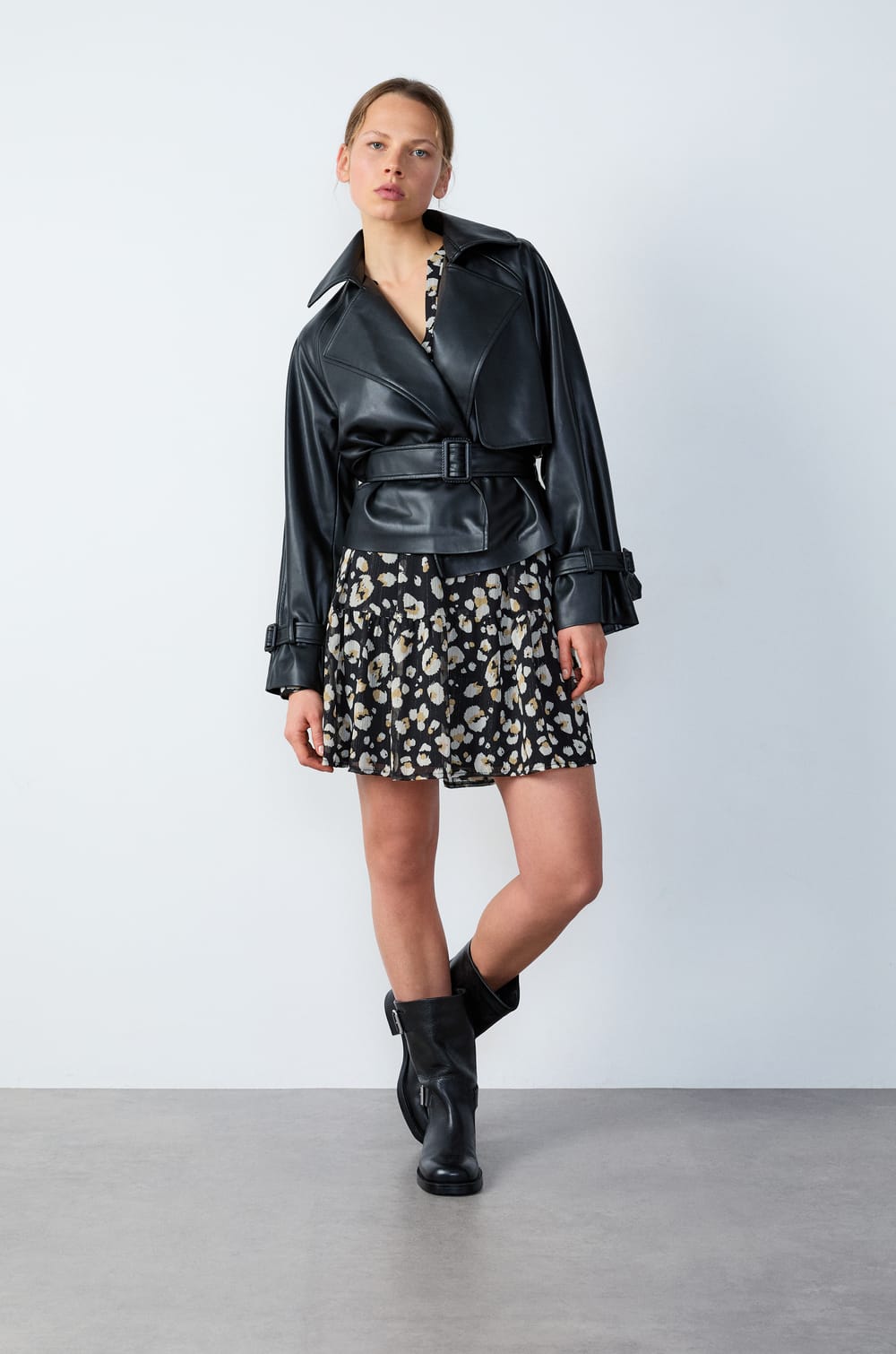 Short Belted Faux Leather Trench Jacket;${refinementColor}