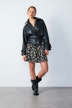 Short Belted Faux Leather Trench Jacket;${refinementColor}