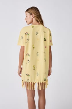 Printed T-shirt dress with fringes;${refinementColor}