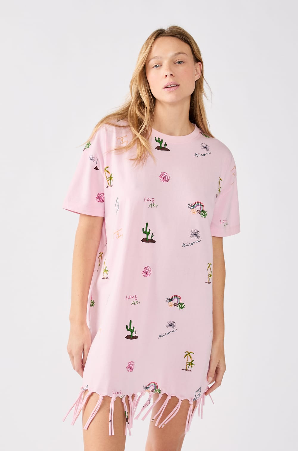 Robe t-shirt imprimée à franges;${refinementColor}