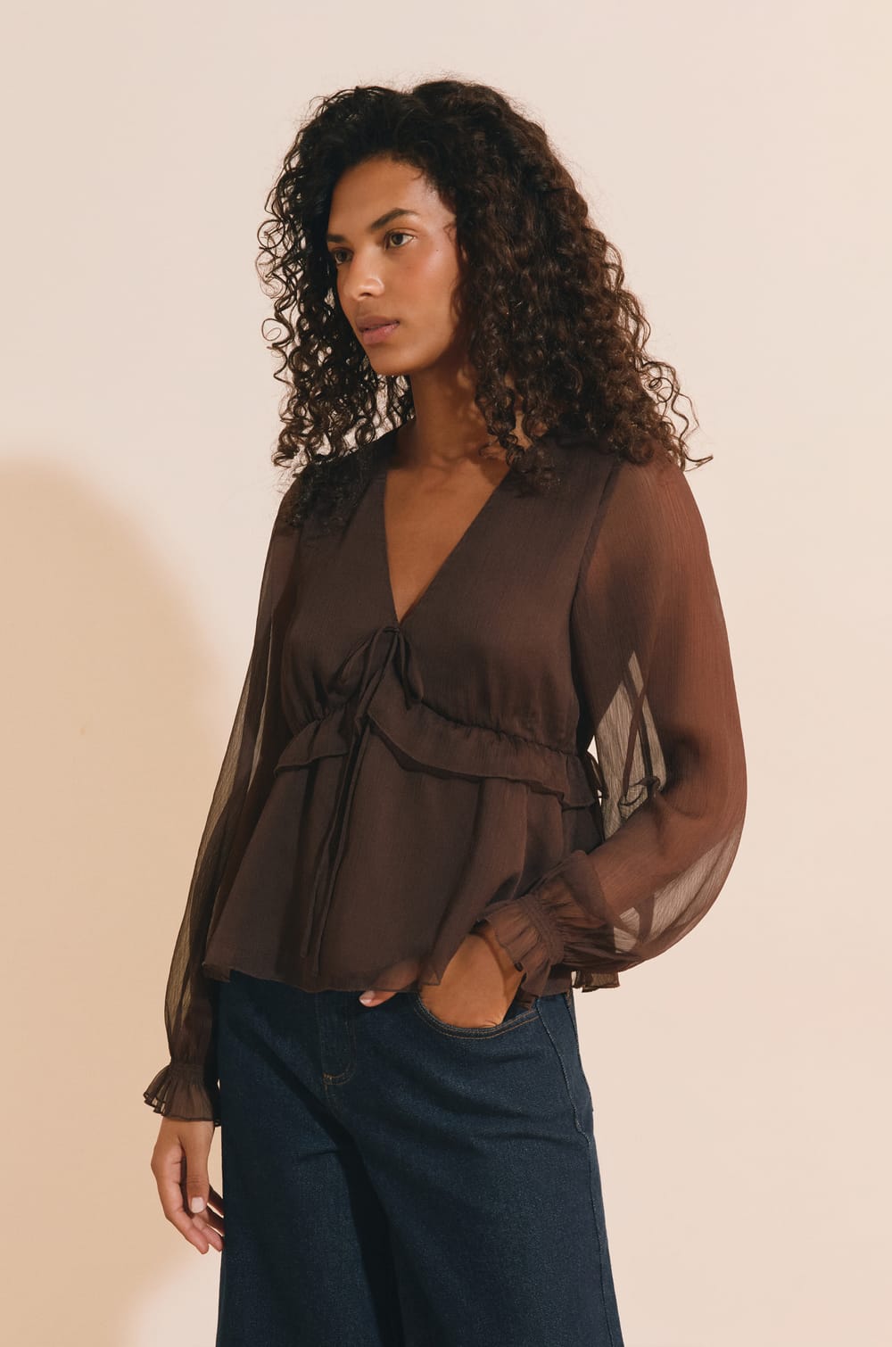 Blouse &agrave; volants avec manches transparentes;${refinementColor}
