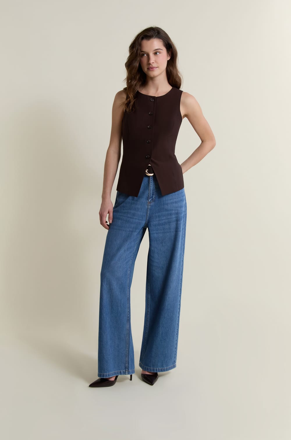 Sleeveless Top with Buttons;${refinementColor}