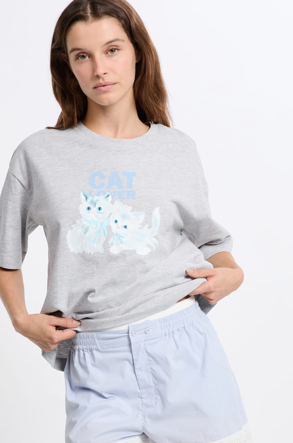 Cotton Pajama T-Shirt With Cat Pattern;${refinementColor}