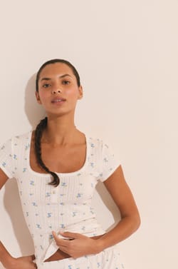 Tshirt de pyjama &agrave; motifs en coton en pointelle;${refinementColor}