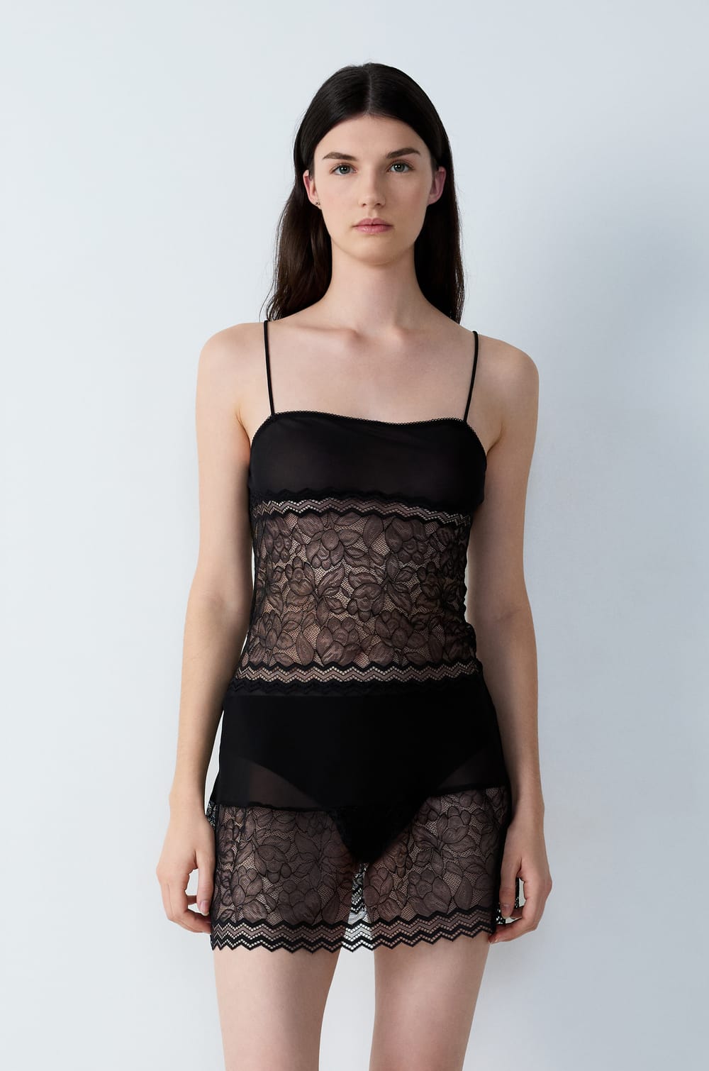 Short Satin Nightdress with Lace Details;${refinementColor}