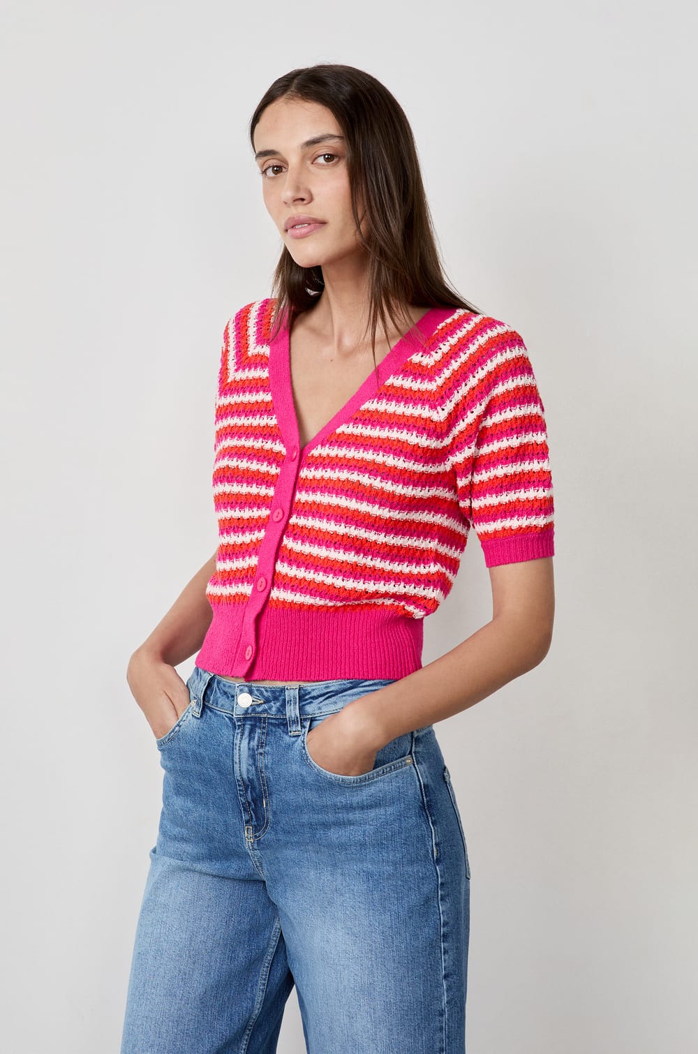 Cardigan manches courtes &agrave; rayures;${refinementColor}