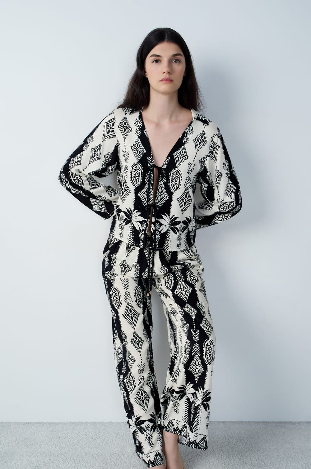 Wide-leg Pyjama Trousers with Prints;${refinementColor}