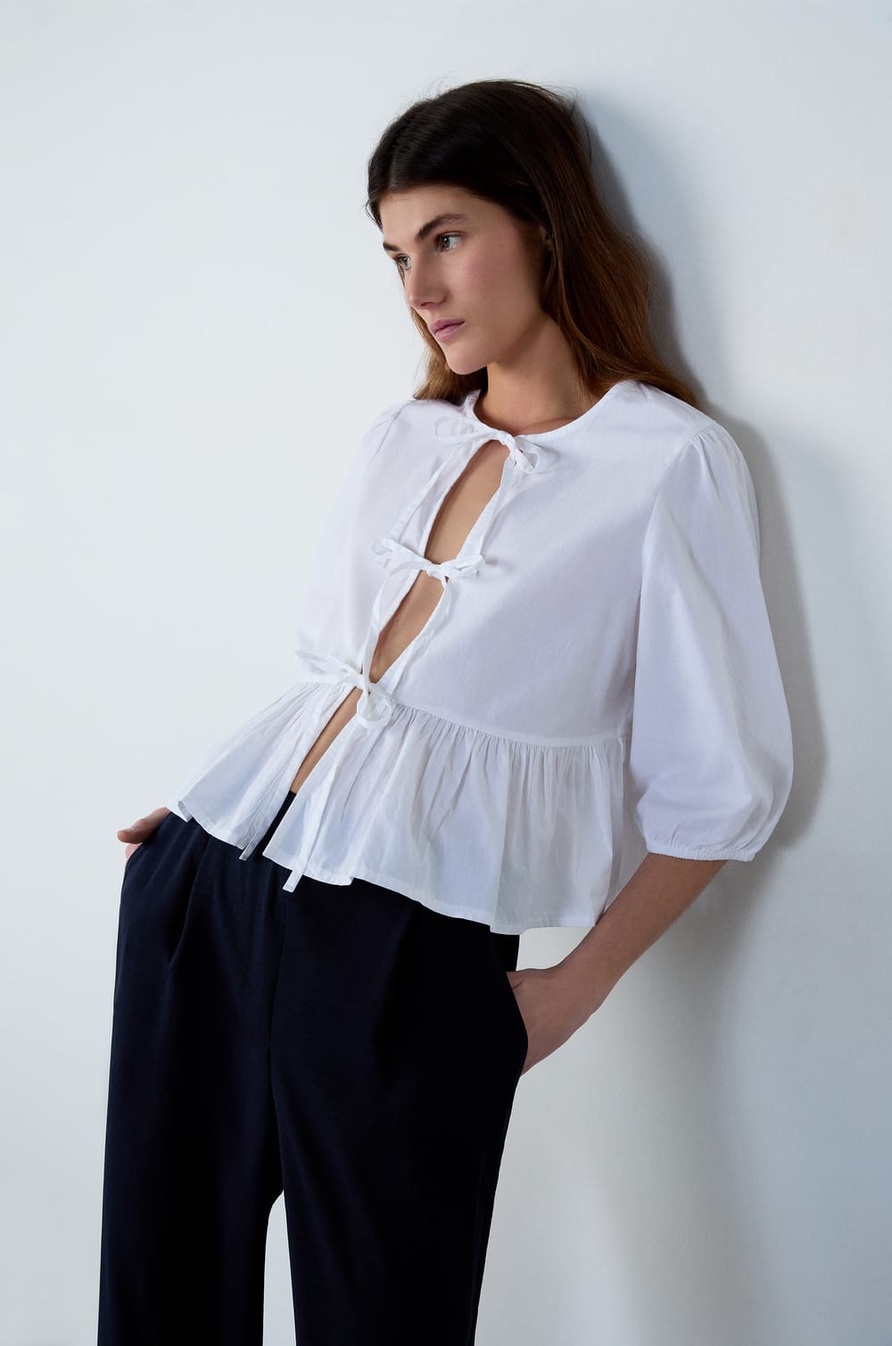 3/4 Sleeve Blouse with Bows;${refinementColor}