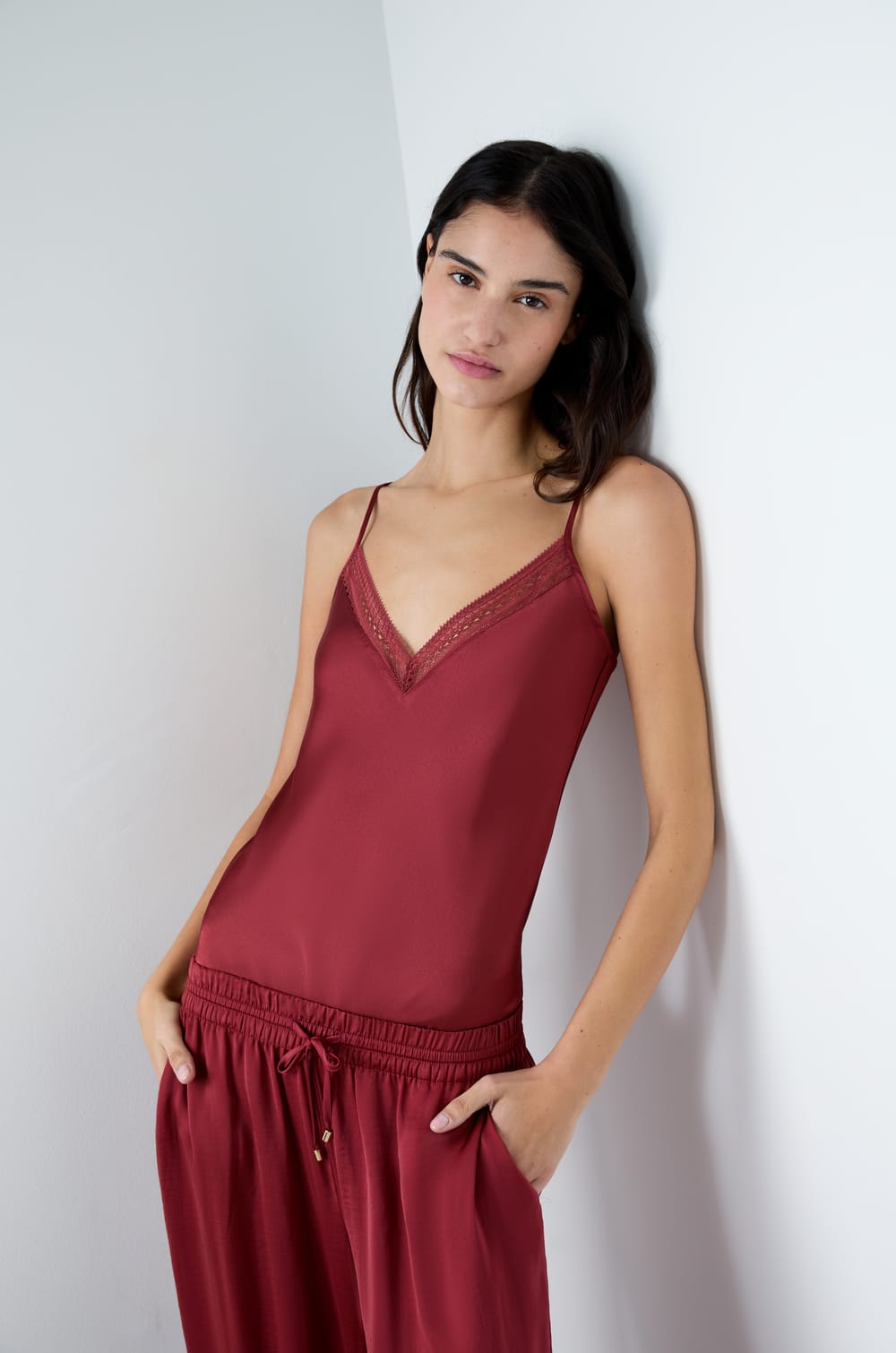 Satin camisole with lace neckline;${refinementColor}