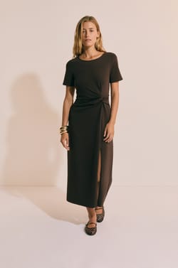 Robe longue manches courtes en coton avec fente;${refinementColor}