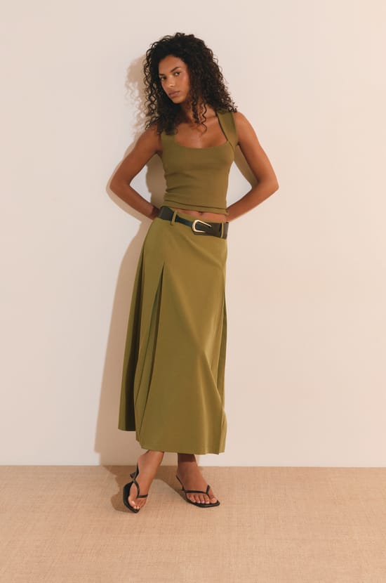 Jupe midi &agrave; pinces;${refinementColor}