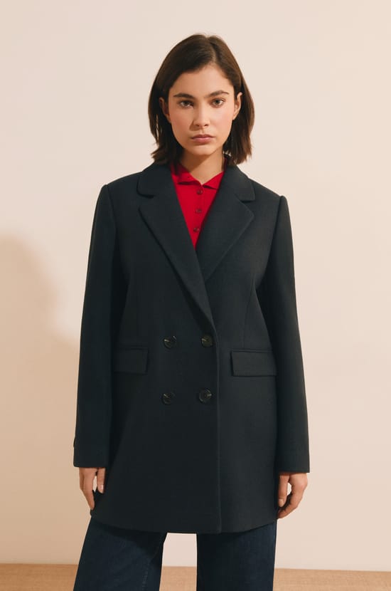 Manteau mi-long crois&eacute; avec laine;${refinementColor}