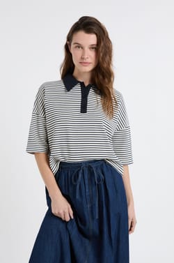 Sweat col polo &agrave; rayures en coton;${refinementColor}