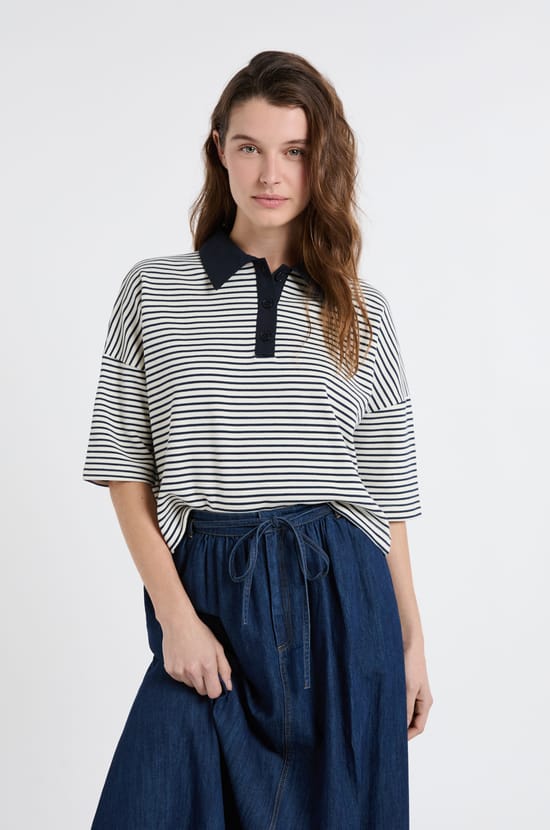 Sweat col polo &agrave; rayures en coton;${refinementColor}