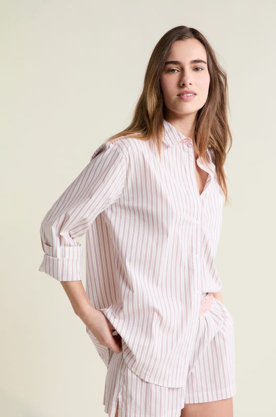 Striped Cotton Pajama Shirt;${refinementColor}