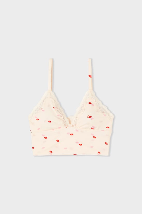 Soutien-gorge triangle &agrave; motifs bisous en microfibre avec d&eacute;tails en dentelle;${refinementColor}