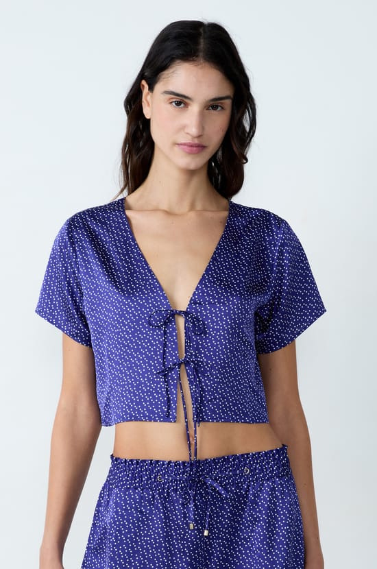 Satin Short-Sleeved Blouse With Bow Print;${refinementColor}