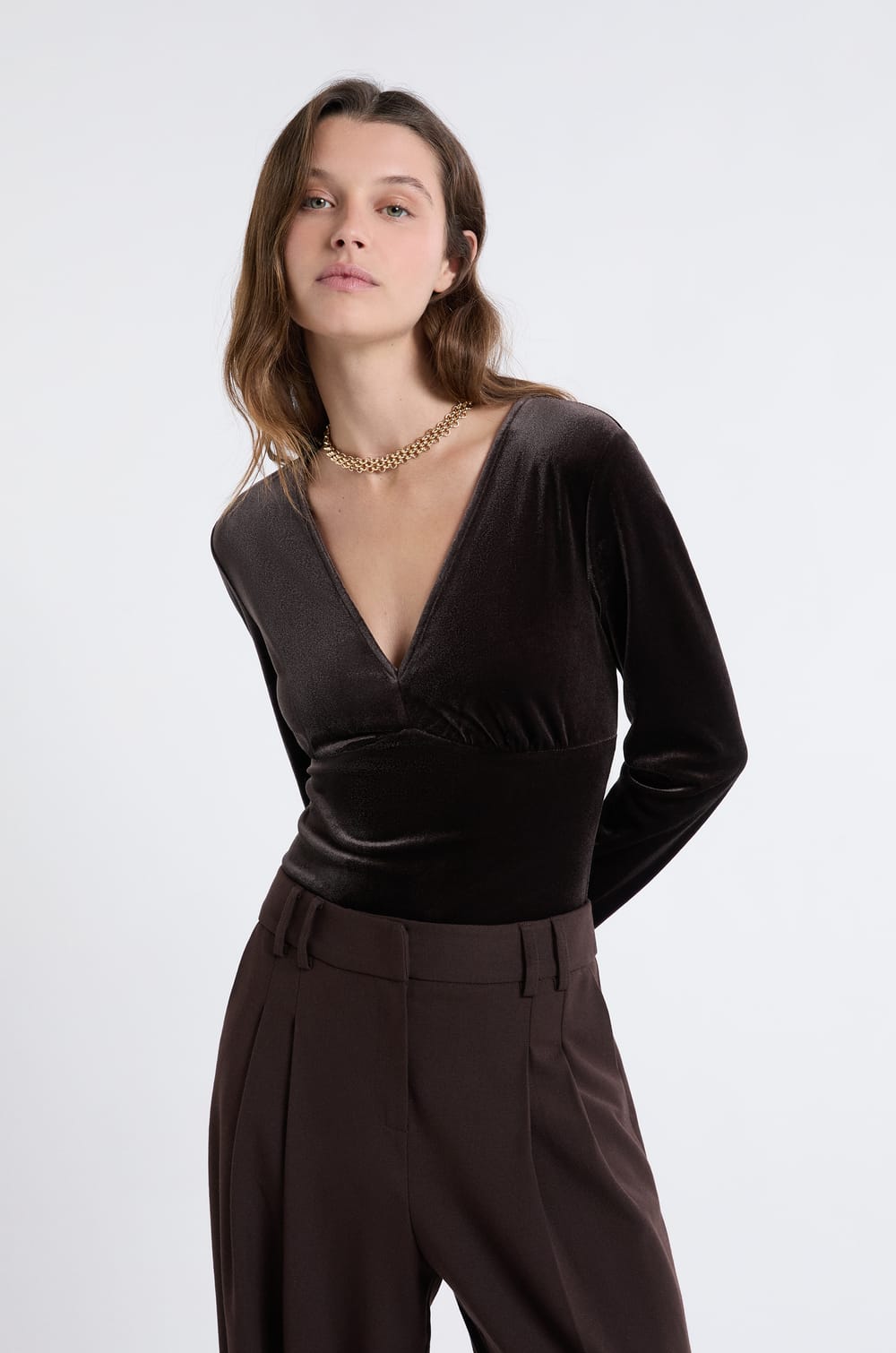 Body manches longues en velours;${refinementColor}